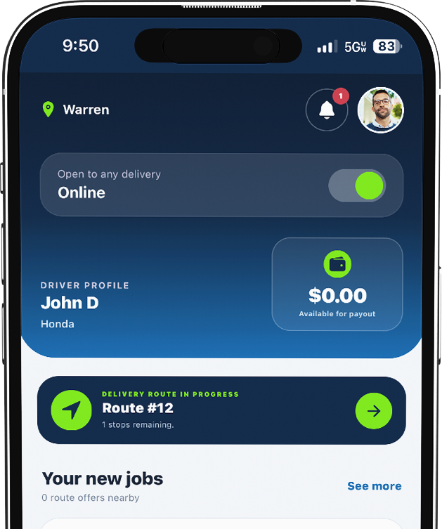 A2B Driver app showing availability and an active route